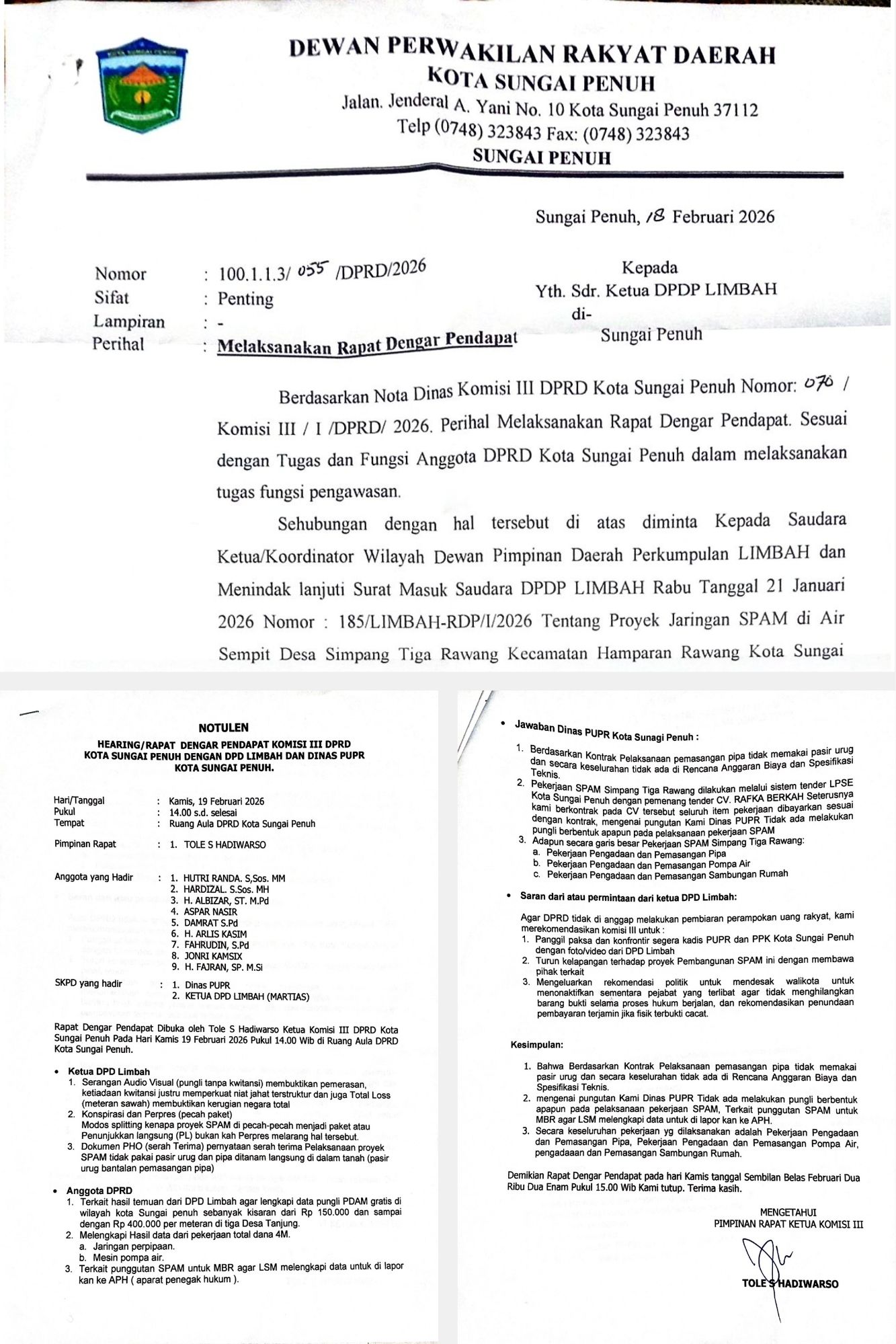 DPRD Sungai Penuh Diduga Ajari Rakyat Cara ‘Cuci Tangan’: Panggil LSM Pakai Surat Resmi, Notulen Rapat Kertas tenpa kop surat.