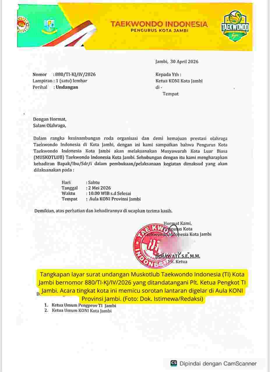 Tanda Tanya Muskotlub Taekwondo Kota Jambi: Ketua KONI Diundang Sebagai Tamu di ‘Hajatannya’ Sendiri