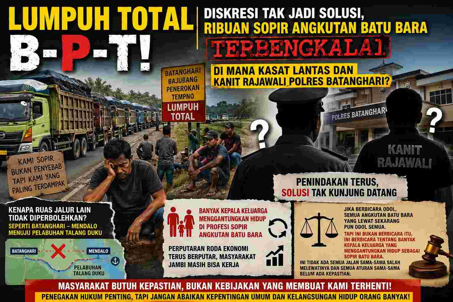 Lumpuh Total B-P-T! Diskresi Tak Jadi Solusi, Ribuan Sopir Angkutan Batu Bara Terbengkalai: Di Mana Kasat Lantas dan Kanit Rajawali Polres Batanghari?