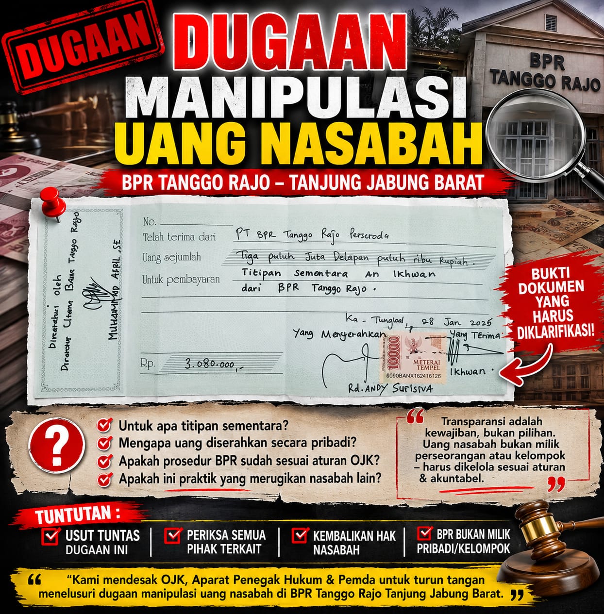 Dugaan Manipulasi Penarikan Uang Nasabah BPR Tanggo Rajo Tanjabbarat berlarut, siapa yang bertanggung jawab ?