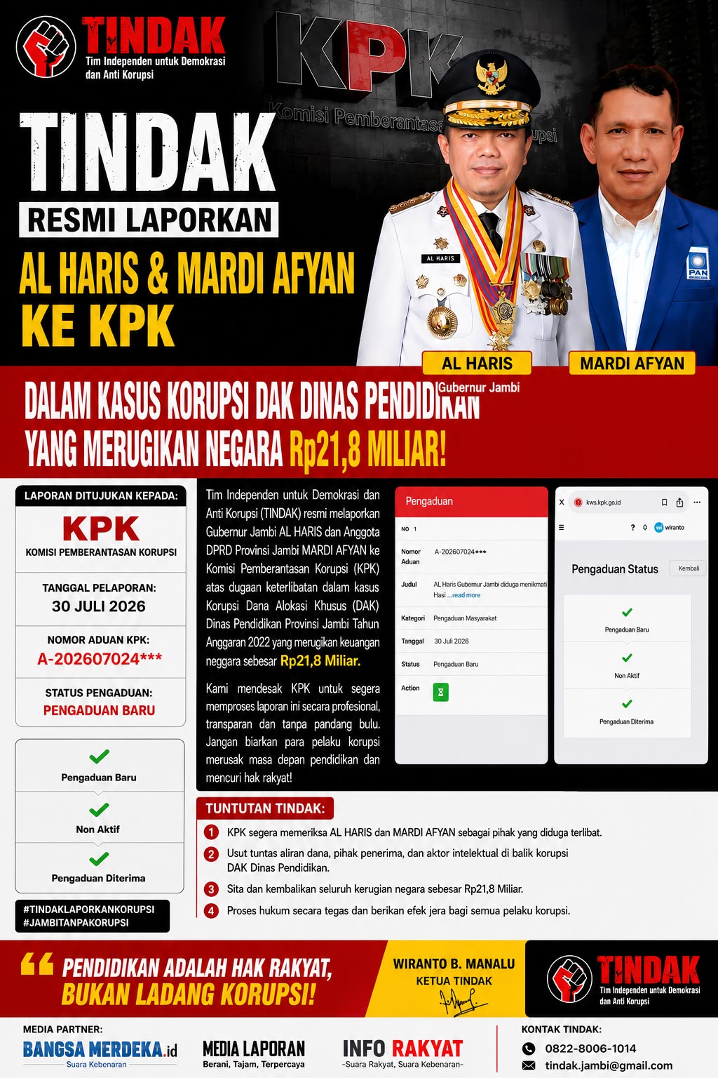 TINDAK Desak KPK Usut Dugaan Korupsi DAK Rp21,8 Miliar, Al Haris dan Mardi Afyan Dilaporkan