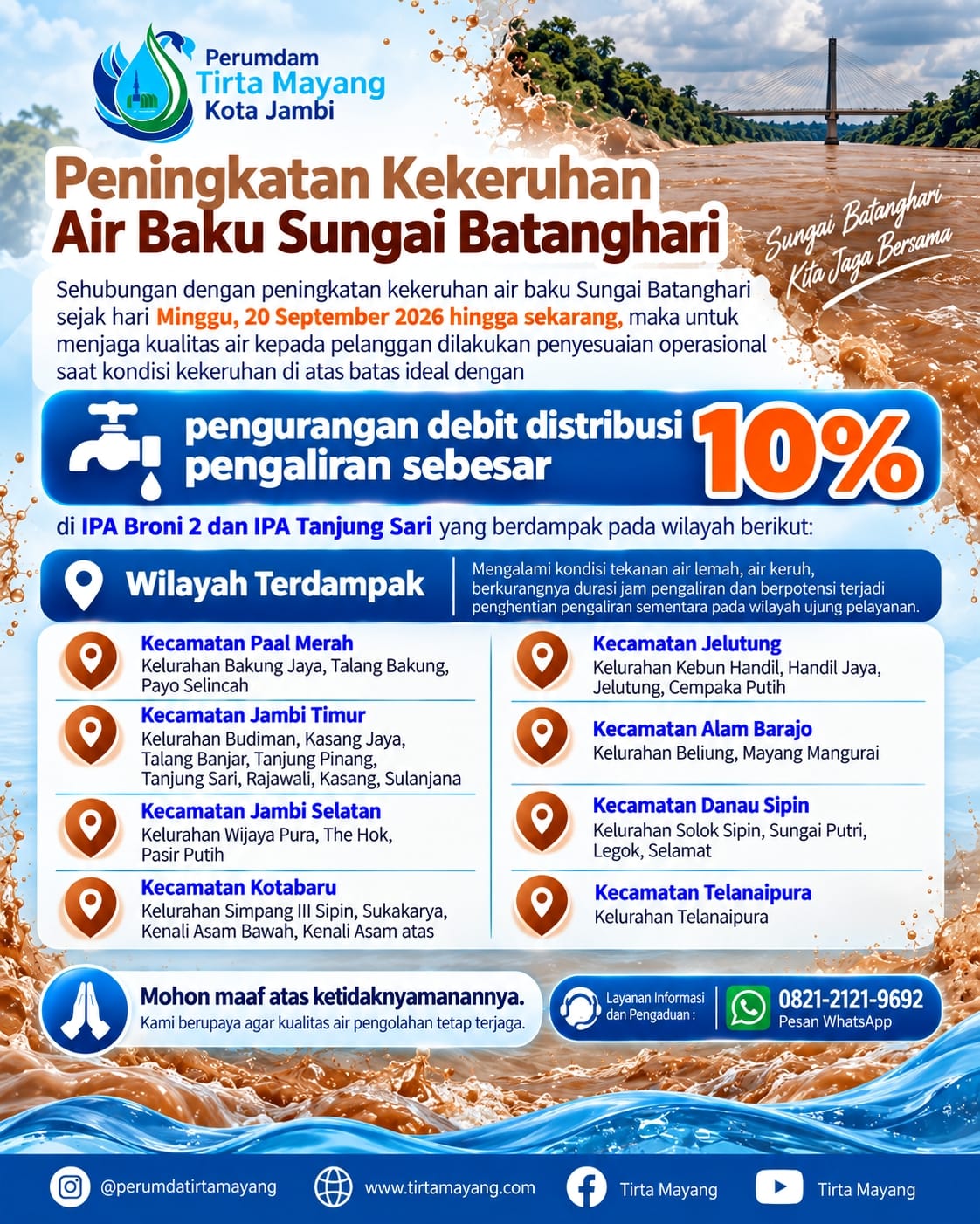 Kekeruhan Sungai Batanghari Meningkat, Tirta Mayang Lakukan Penyesuaian Operasional untuk Menjaga Kualitas Airv