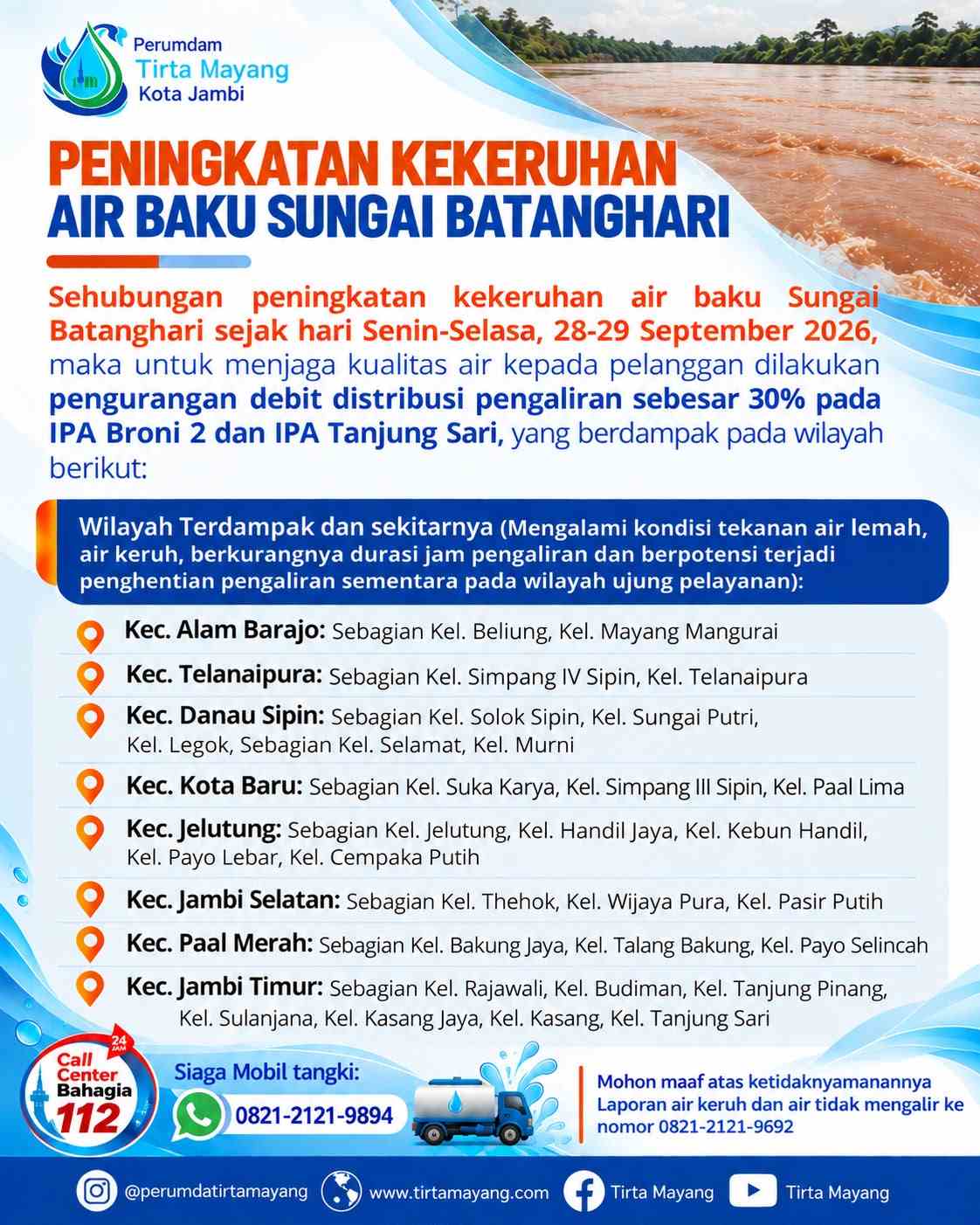 Kekeruhan Air Baku Meningkat, Perumda Tirta Mayang Jaga Kualitas Air